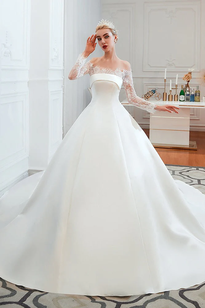Romantic Lace Long Sleevess Princess Satin Wedding Dress - Image 10