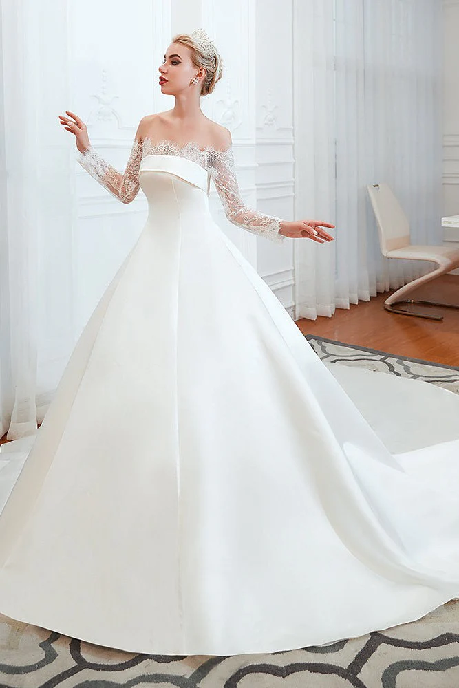 Romantic Lace Long Sleevess Princess Satin Wedding Dress - Image 11