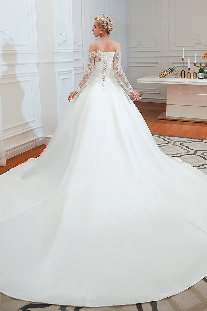 Romantic Lace Long Sleevess Princess Satin Wedding Dress - Image 12