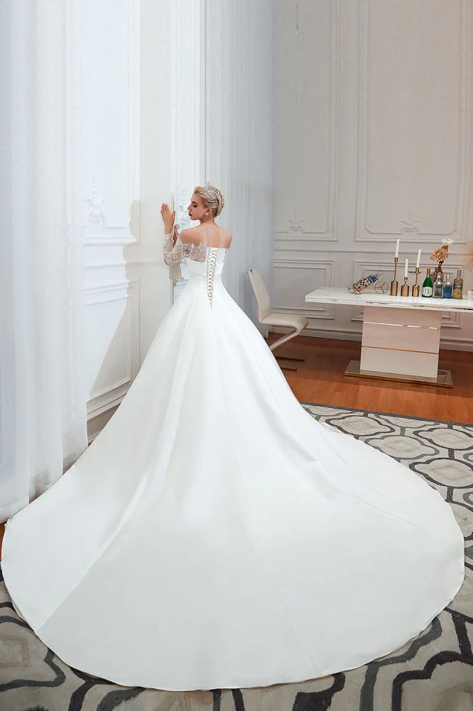 Romantic Lace Long Sleevess Princess Satin Wedding Dress - Image 13