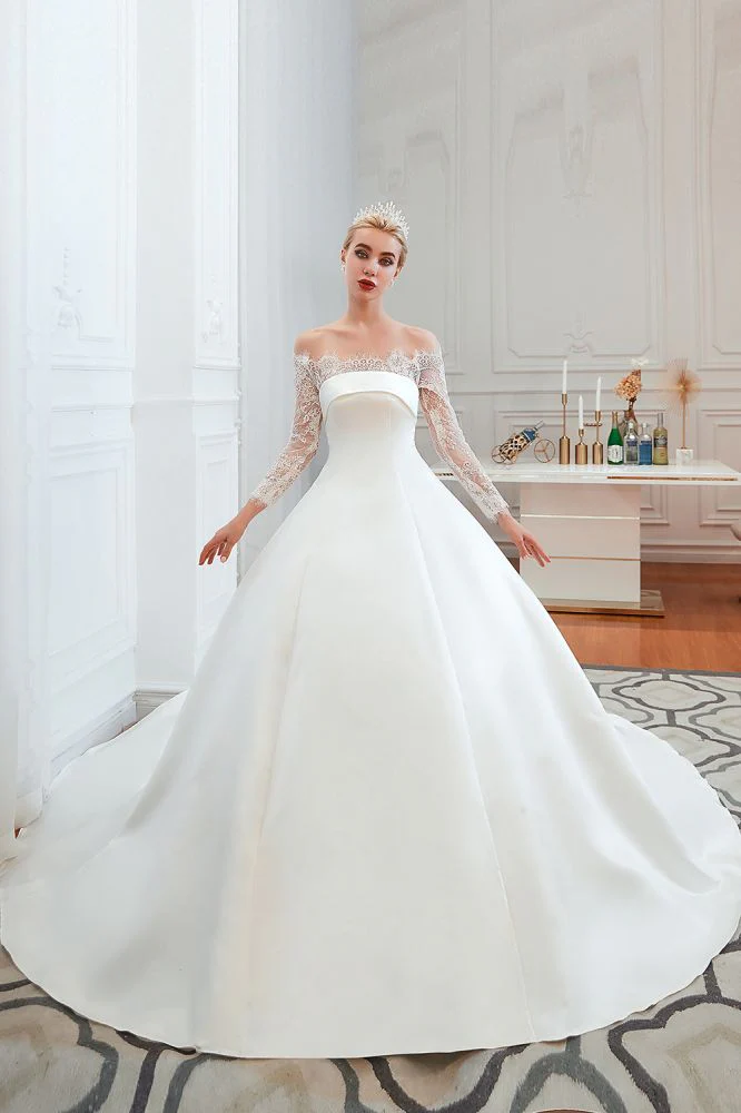 Romantic Lace Long Sleevess Princess Satin Wedding Dress - Image 14