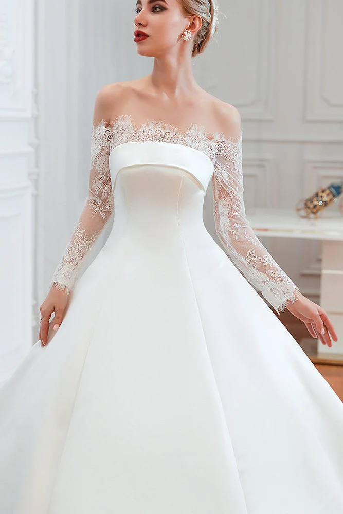 Romantic Lace Long Sleevess Princess Satin Wedding Dress - Image 15