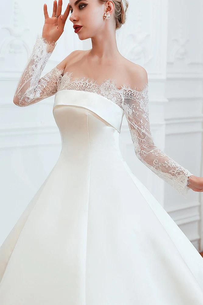 Romantic Lace Long Sleevess Princess Satin Wedding Dress - Image 16