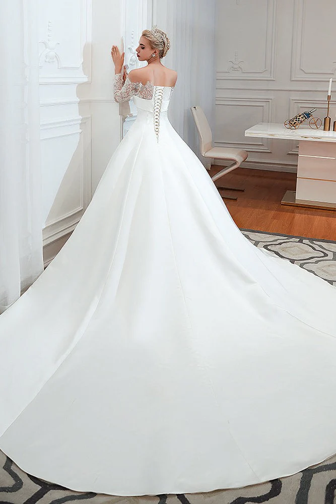 Romantic Lace Long Sleevess Princess Satin Wedding Dress - Image 17