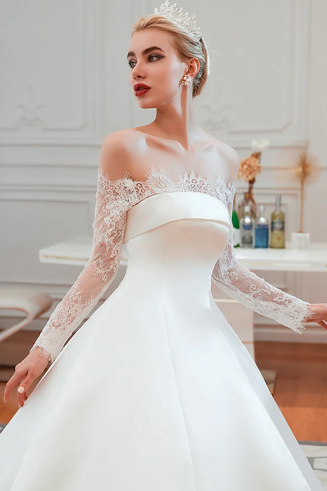 Romantic Lace Long Sleevess Princess Satin Wedding Dress - Image 18