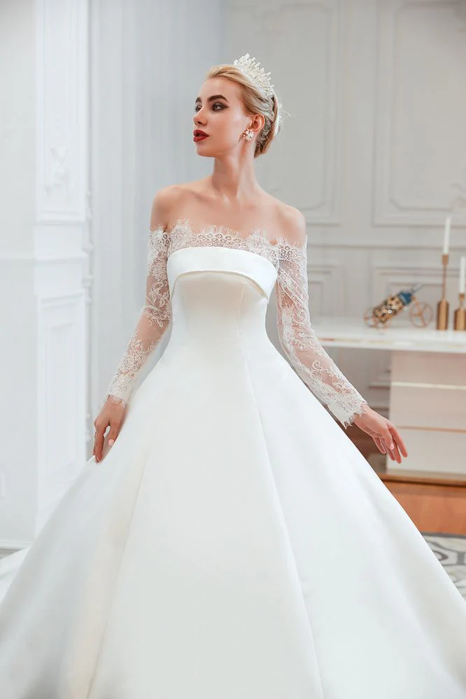 Romantic Lace Long Sleevess Princess Satin Wedding Dress - Image 19