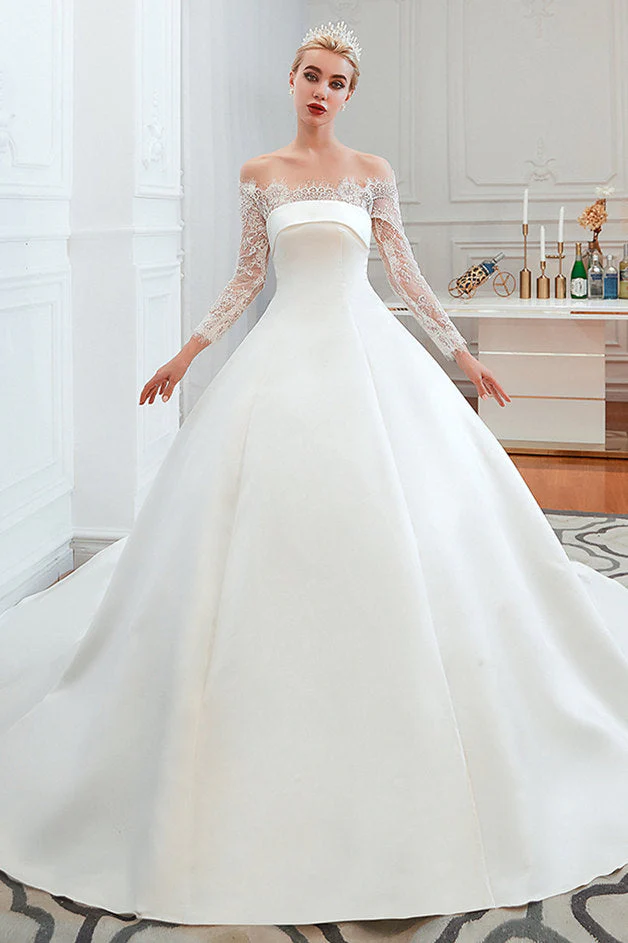 Romantic Lace Long Sleevess Princess Satin Wedding Dress - Image 2