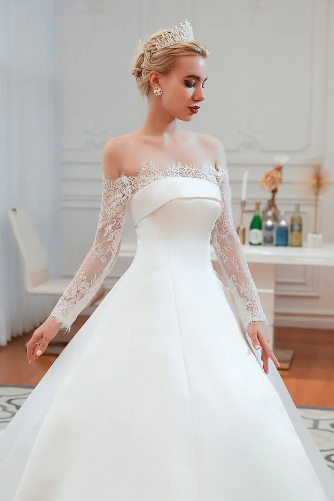 Romantic Lace Long Sleevess Princess Satin Wedding Dress - Image 21