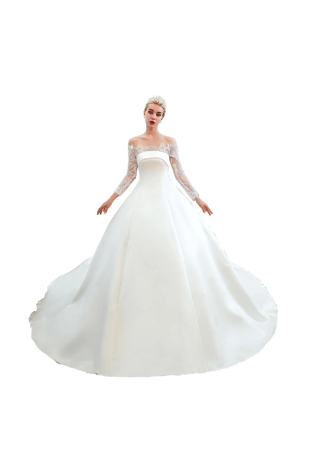 Romantic Lace Long Sleevess Princess Satin Wedding Dress - Image 22