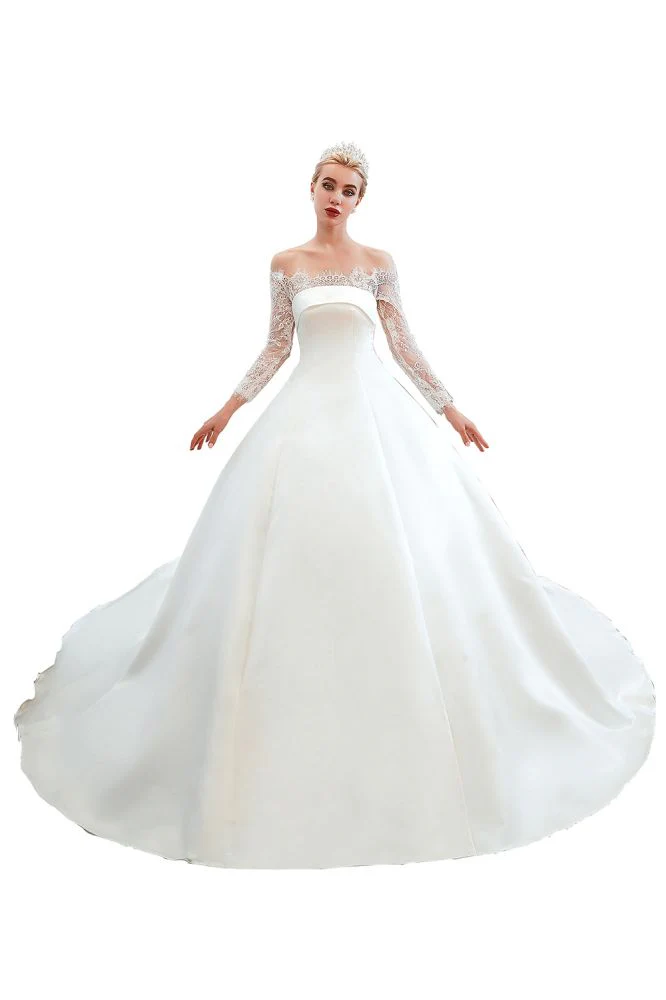 Romantic Lace Long Sleevess Princess Satin Wedding Dress - Image 23