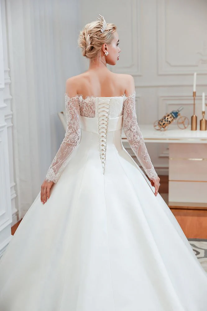 Romantic Lace Long Sleevess Princess Satin Wedding Dress - Image 3