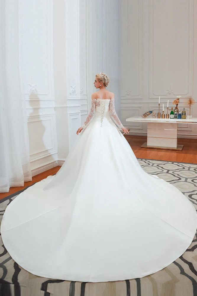 Romantic Lace Long Sleevess Princess Satin Wedding Dress - Image 4