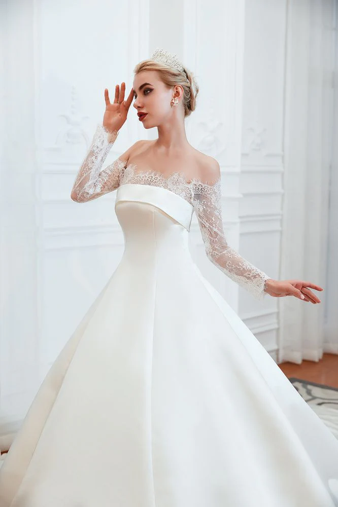Romantic Lace Long Sleevess Princess Satin Wedding Dress - Image 5