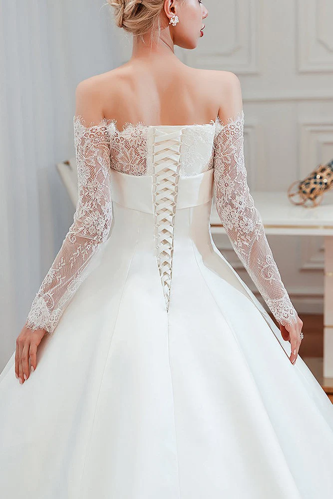 Romantic Lace Long Sleevess Princess Satin Wedding Dress - Image 6