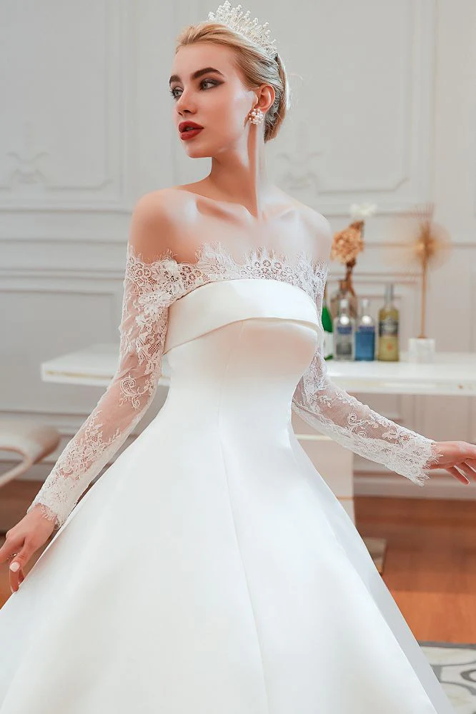 Romantic Lace Long Sleevess Princess Satin Wedding Dress - Image 7