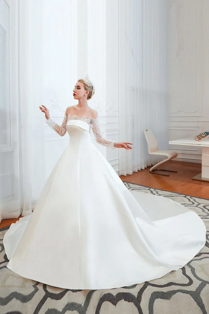 Romantic Lace Long Sleevess Princess Satin Wedding Dress - Image 8
