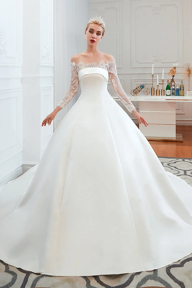 Romantic Lace Long Sleevess Princess Satin Wedding Dress - Image 9