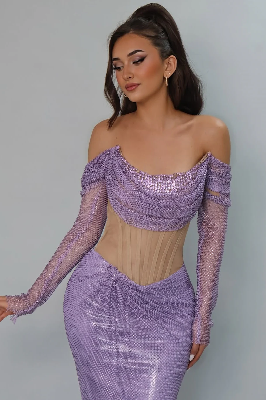 Romantic Lilac Strapless Long Sleeves Prom Dresses Mermaid Gem With Pleats - Image 2
