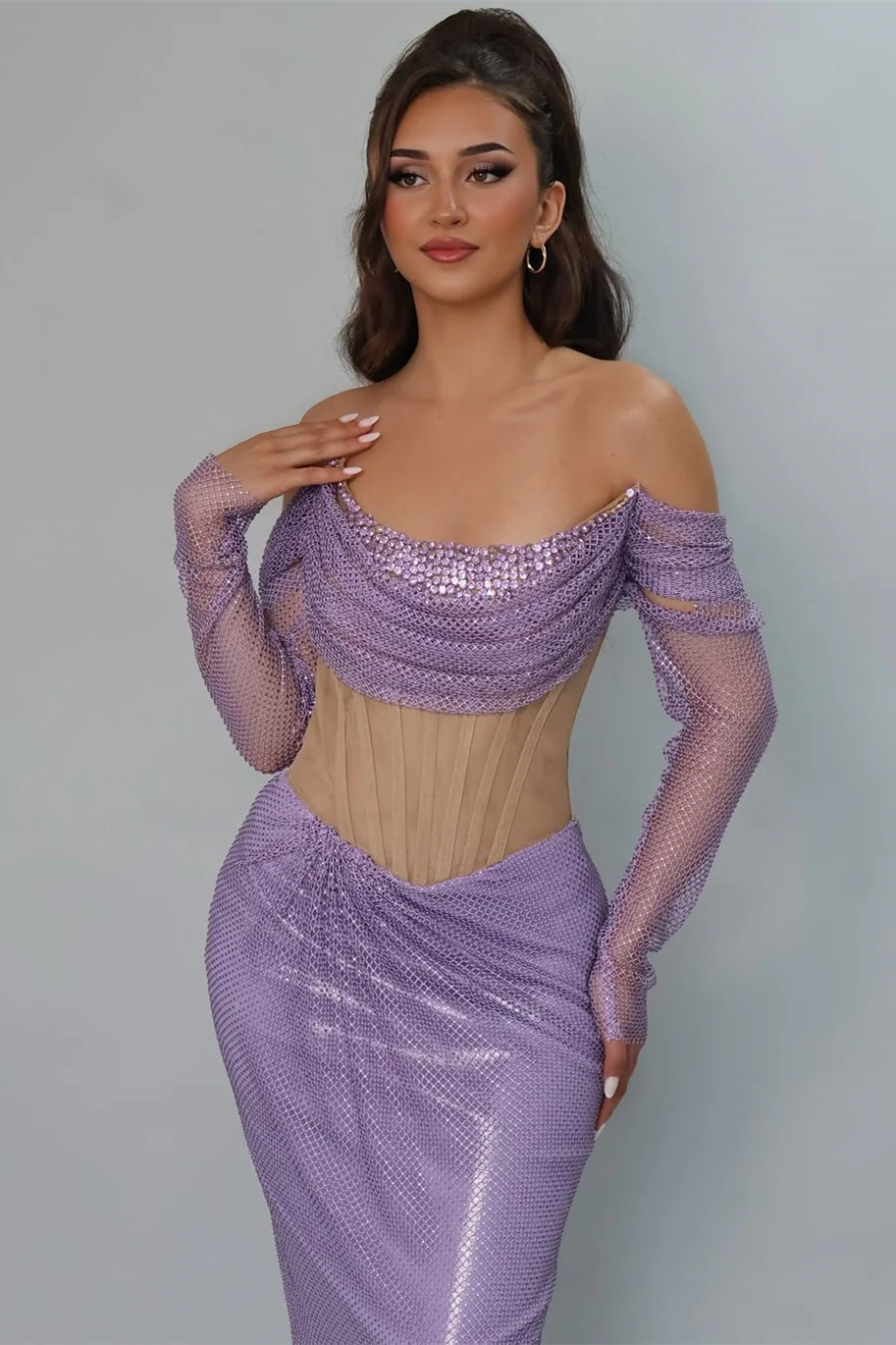 Romantic Lilac Strapless Long Sleeves Prom Dresses Mermaid Gem With Pleats - Image 3