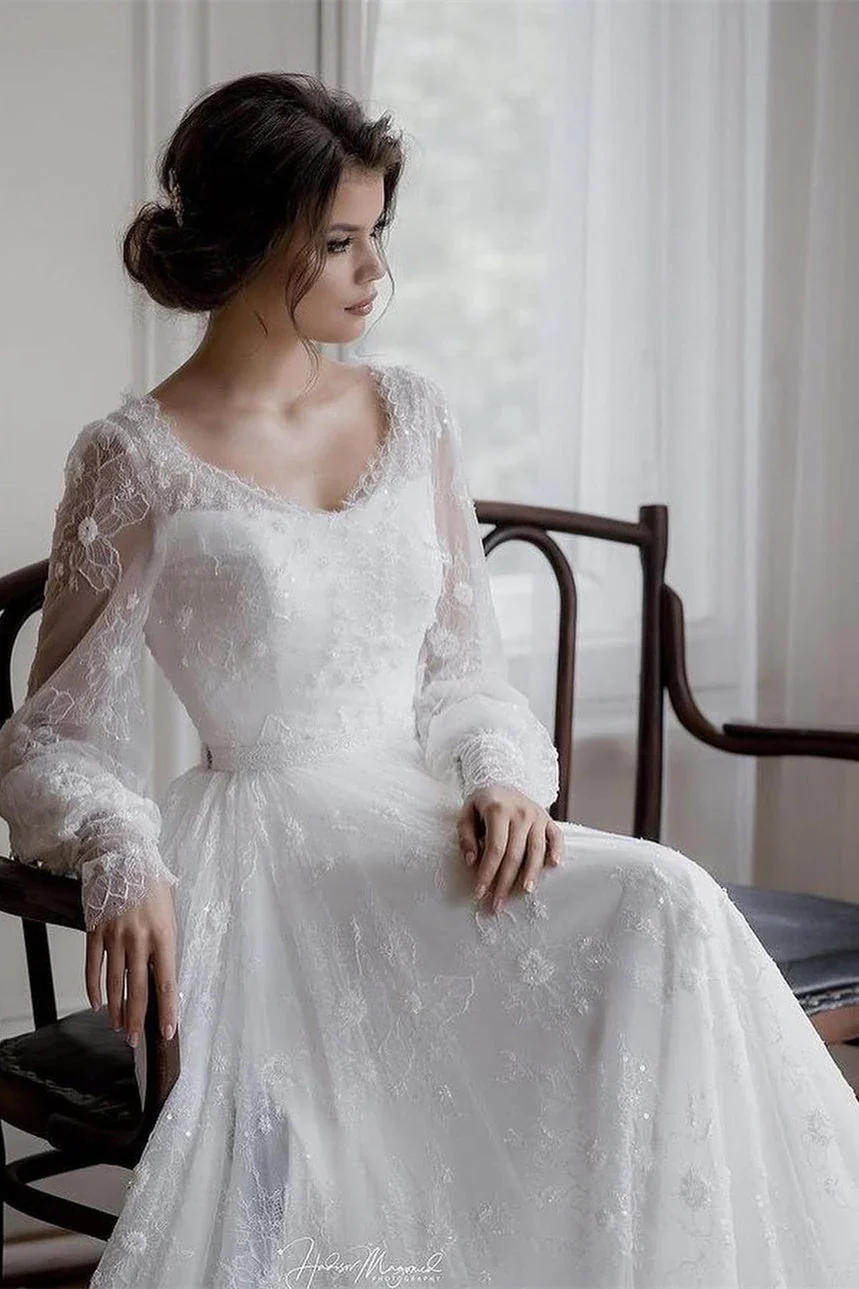 Romantic Long sleeves White Lace Flowers A-line Wedding Dresses - Image 2