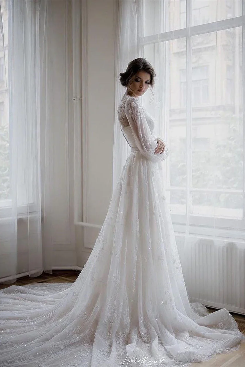 Romantic Long sleeves White Lace Flowers A-line Wedding Dresses - Image 3