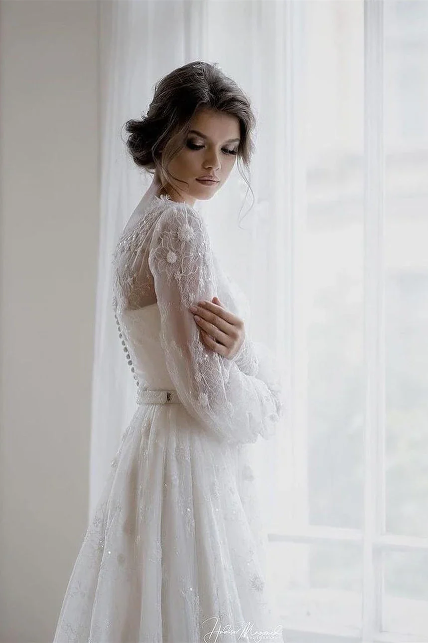 Romantic Long sleeves White Lace Flowers A-line Wedding Dresses - Image 4