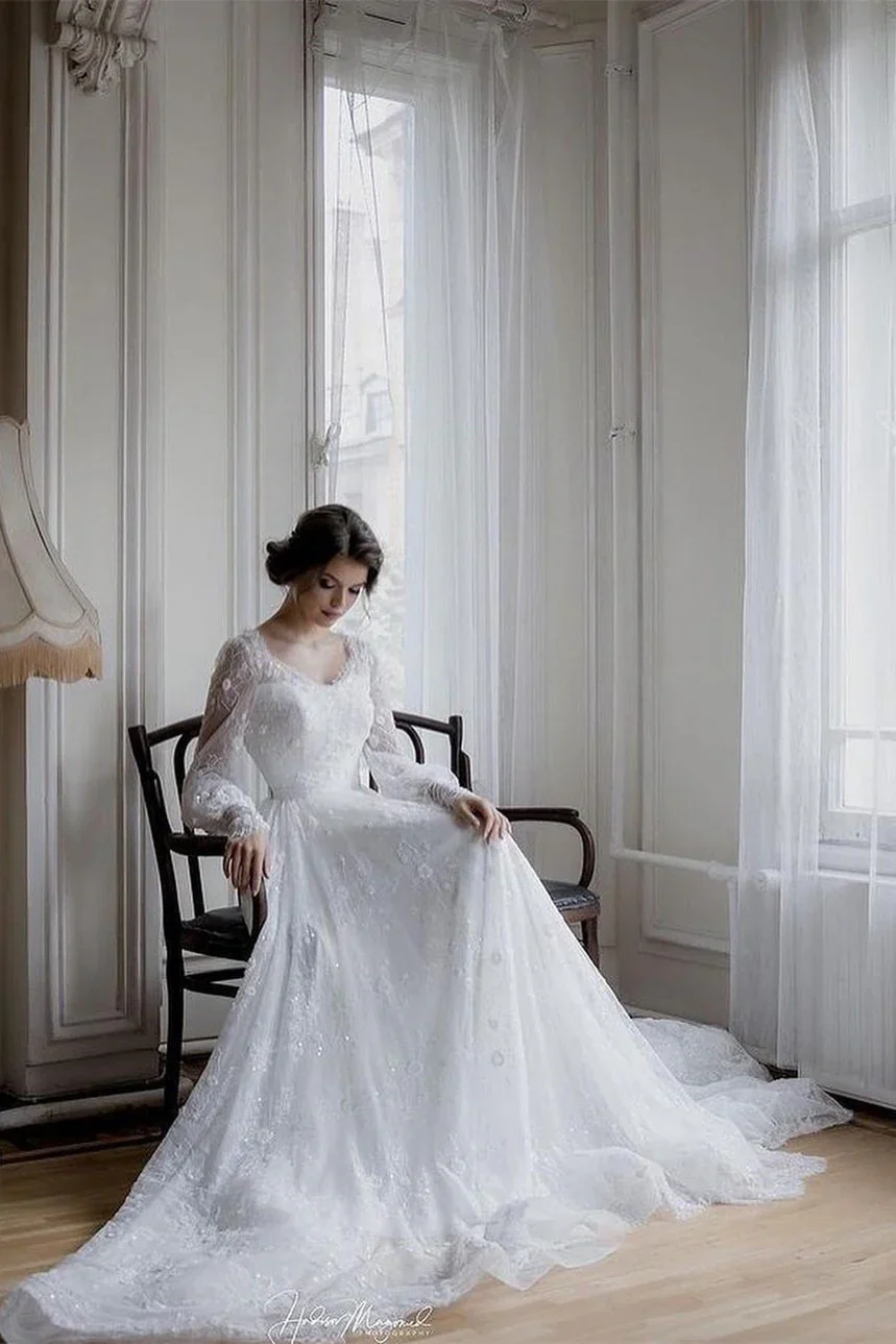 Romantic Long sleeves White Lace Flowers A-line Wedding Dresses - Image 5