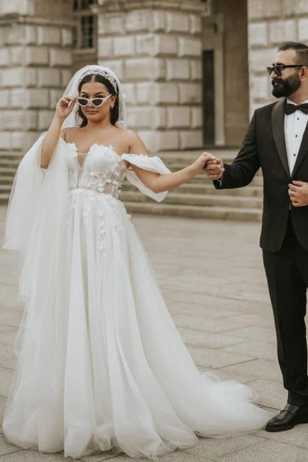 Modern Off-the-Shoulder Cap Sleeves Long tulle Wedding Dresses Online - Image 2