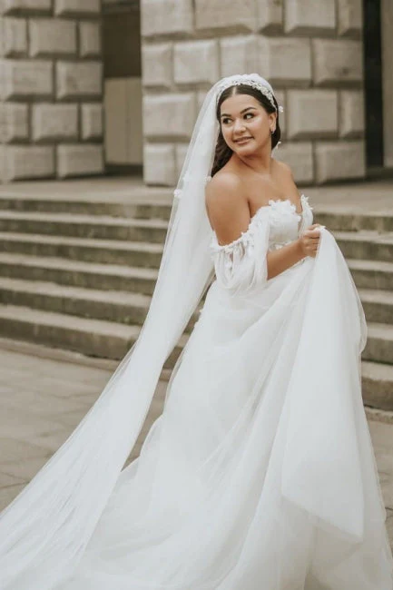 Modern Off-the-Shoulder Cap Sleeves Long tulle Wedding Dresses Online - Image 3