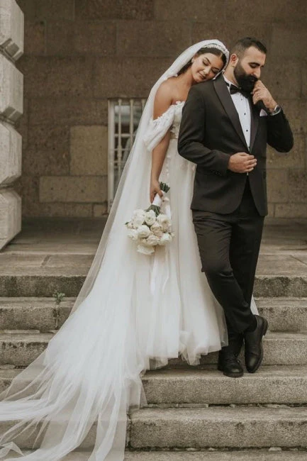 Modern Off-the-Shoulder Cap Sleeves Long tulle Wedding Dresses Online - Image 4