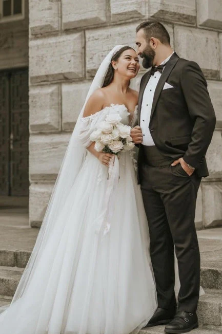 Modern Off-the-Shoulder Cap Sleeves Long tulle Wedding Dresses Online - Image 5