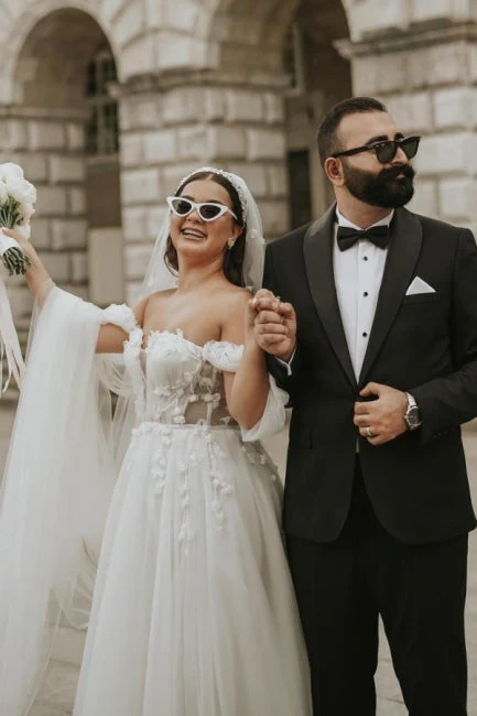 Modern Off-the-Shoulder Cap Sleeves Long tulle Wedding Dresses Online - Image 6