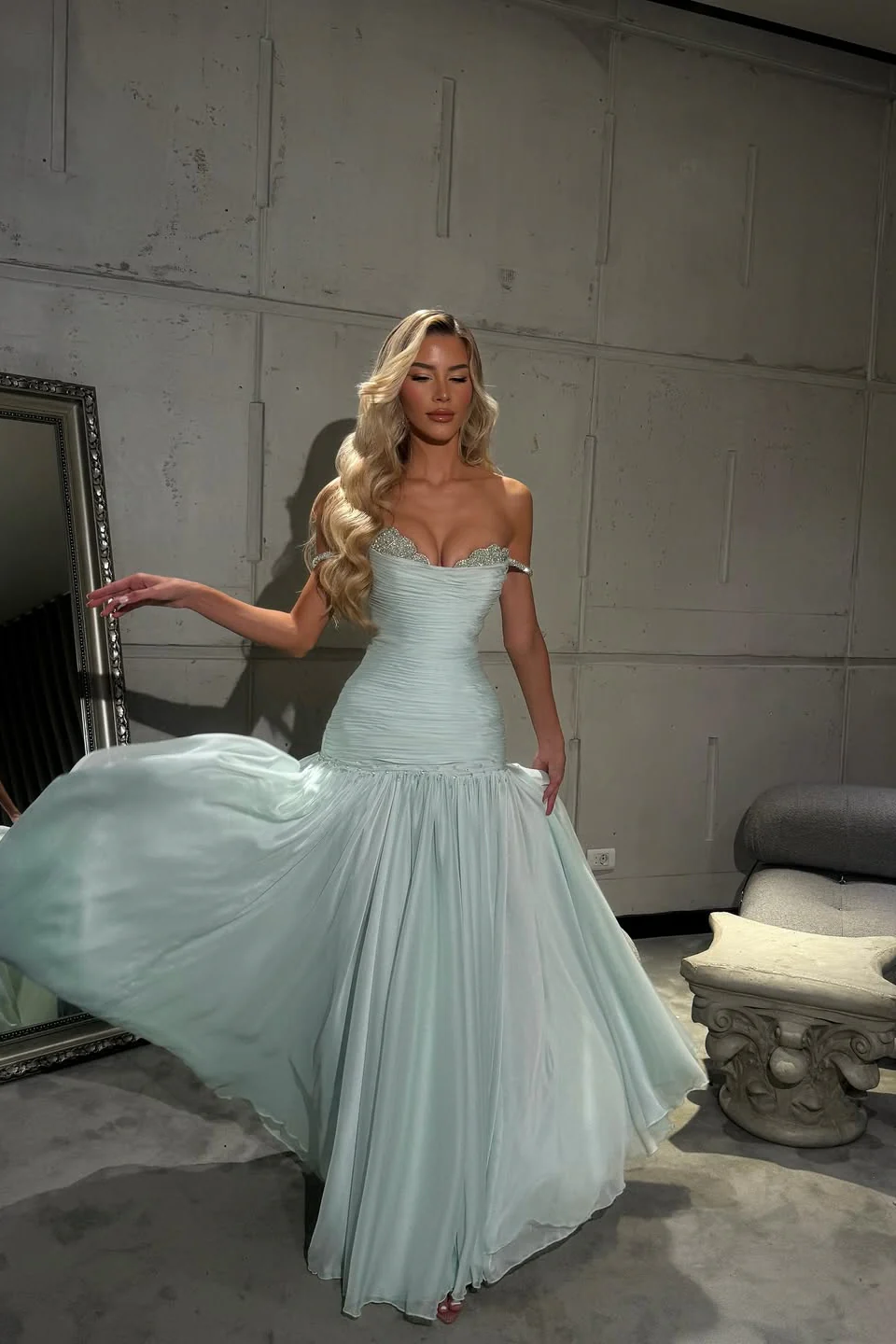 Romantic Off-The-Shoulder Chiffon Sleeveless Prom Dress Beads Pleats With  Zipper - Image 3