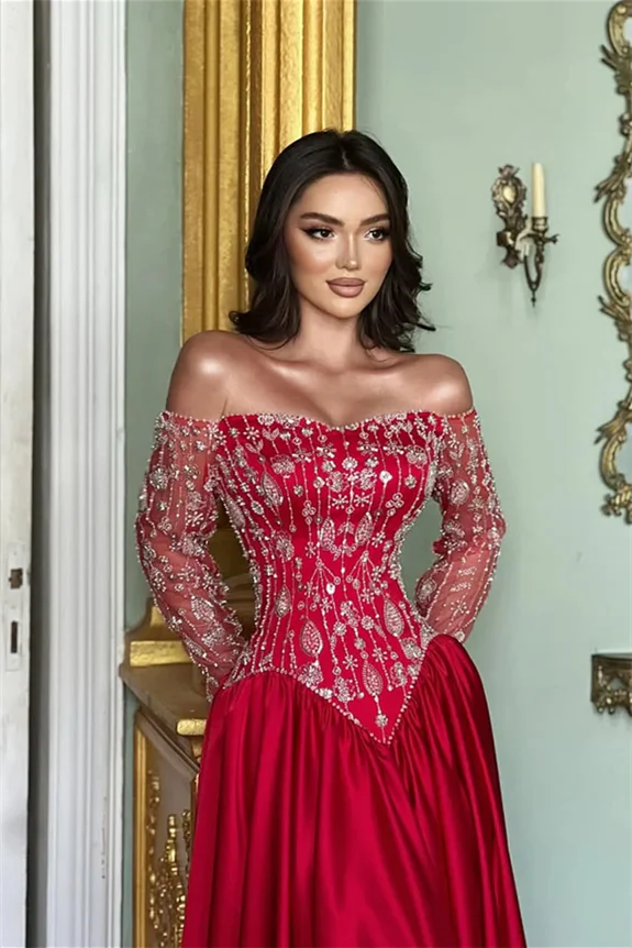 Romantic Red Off-The-Shoulder Long Sleeves Satin Prom Dresses A-Line Beads With Pleats - Image 2