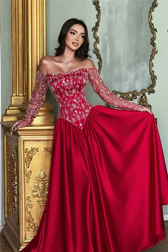 Romantic Red Off-The-Shoulder Long Sleeves Satin Prom Dresses A-Line Beads With Pleats - Image 3