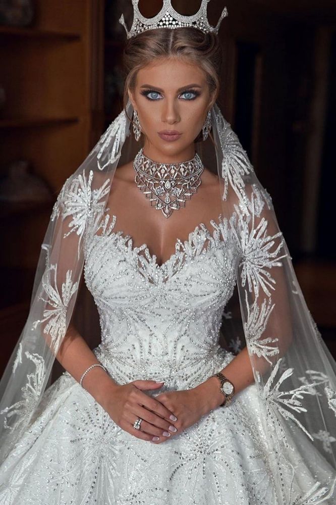 Romantic Sequined Pattern A line Wedding Dress V Neck Sleeveless Crystal Gowns - Image 3