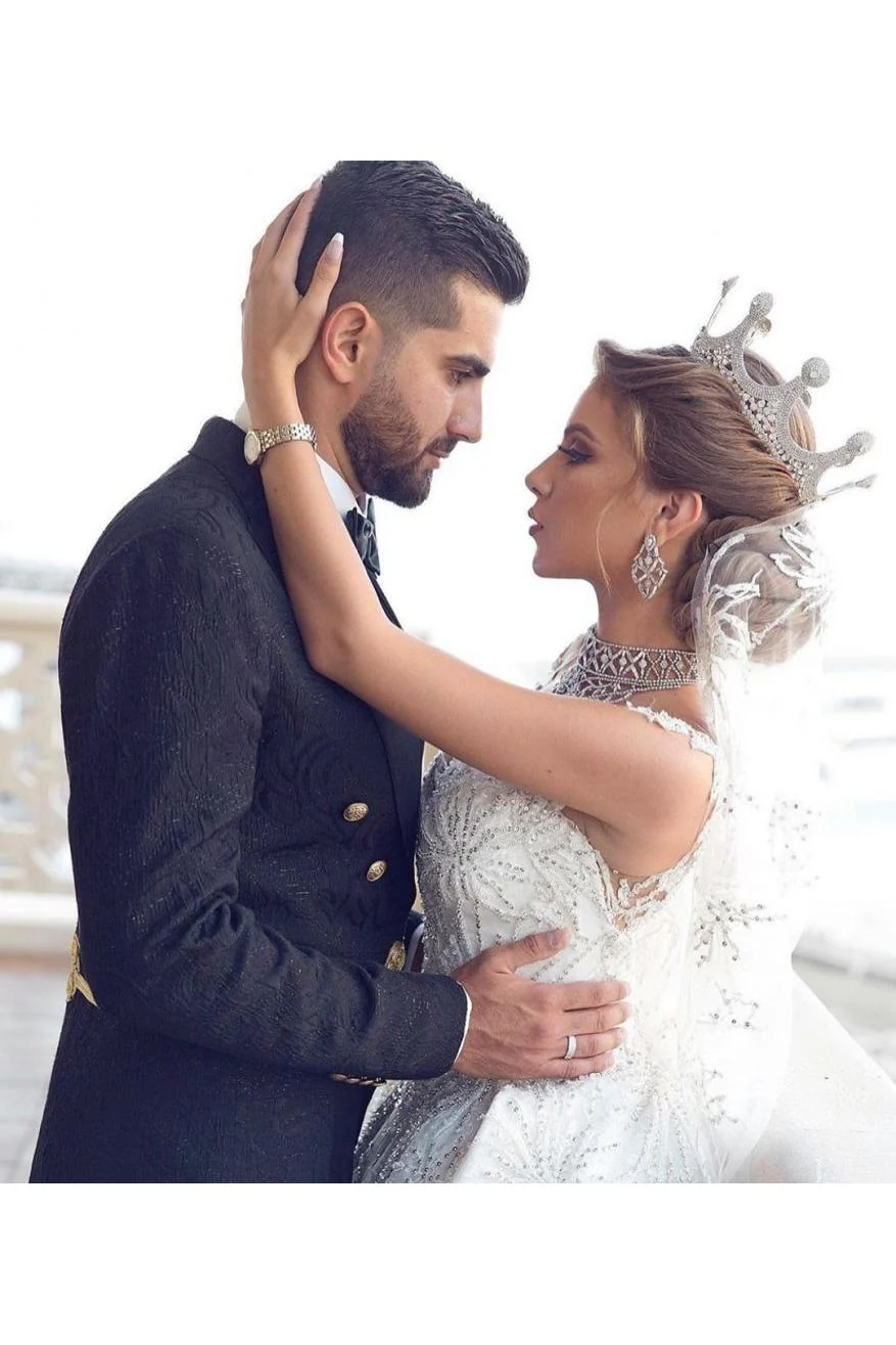 Romantic Sequined Pattern A line Wedding Dress V Neck Sleeveless Crystal Gowns - Image 4