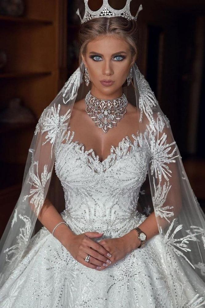 Romantic Sequined Pattern A line Wedding Dress V Neck Sleeveless Crystal Gowns - Image 5