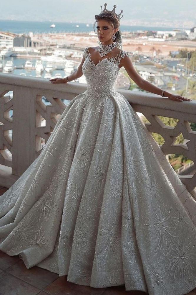 Romantic Sequined Pattern A line Wedding Dress V Neck Sleeveless Crystal Gowns - Image 6