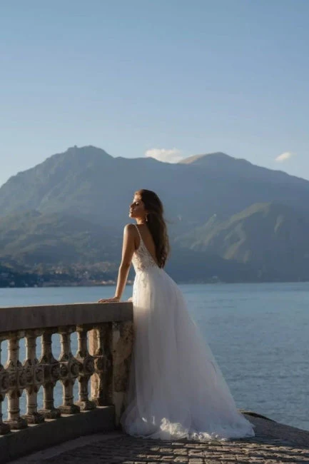Modern Spaghetti-Straps Sleeveless Long Lace Wedding Dresses Online - Image 2