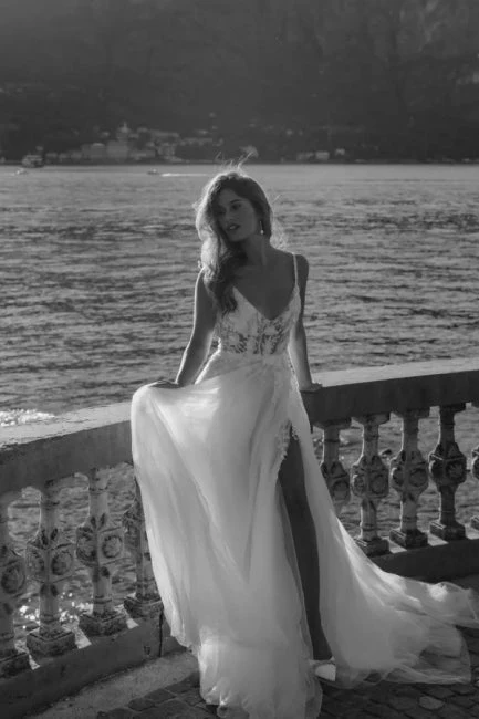 Modern Spaghetti-Straps Sleeveless Long Lace Wedding Dresses Online - Image 3