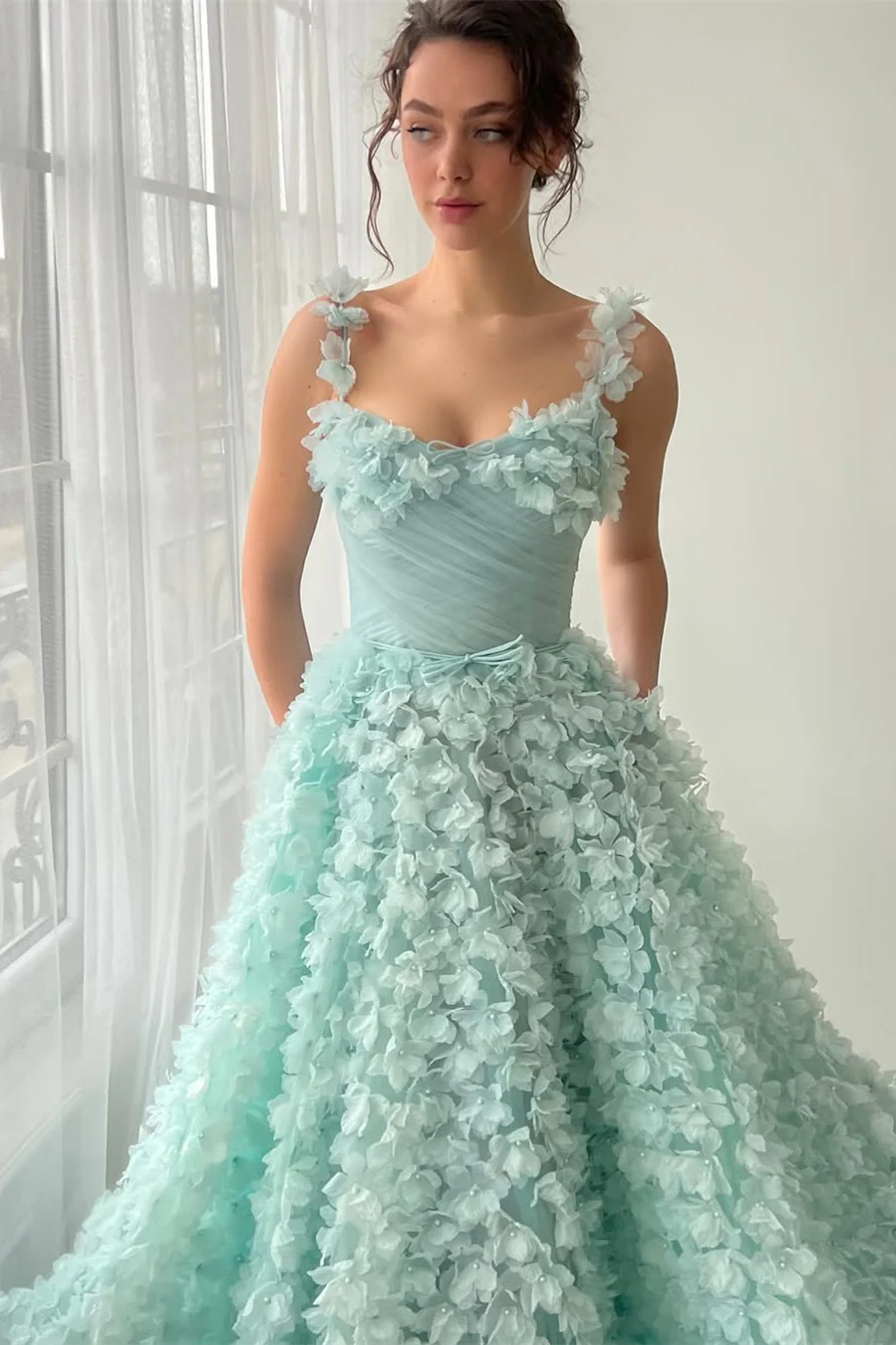Romantic Straps Sleeveless A-Line Prom Dresses Long Pearl With Flower - Image 2
