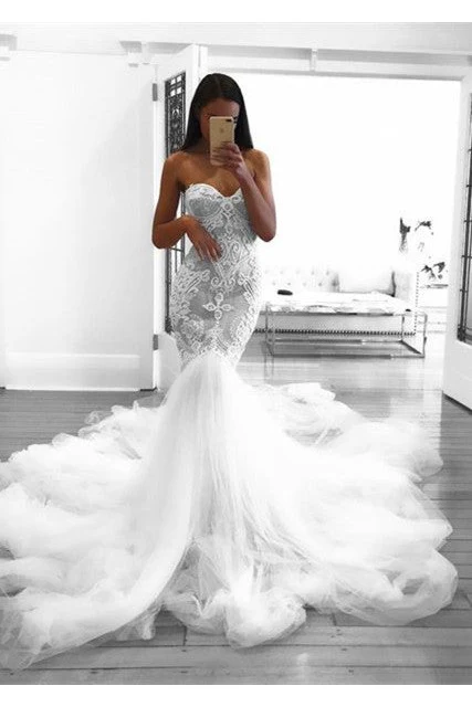 Romantic Sweetheart Lace White Sheer Wedding Dress Mermaid Bridal Gown - Image 2