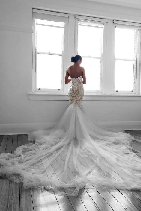 Romantic Sweetheart Lace White Sheer Wedding Dress Mermaid Bridal Gown - Image 3