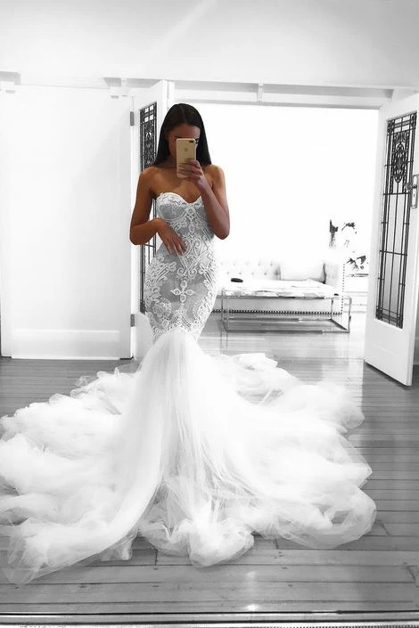 Romantic Sweetheart Lace White Sheer Wedding Dress Mermaid Bridal Gown - Image 4