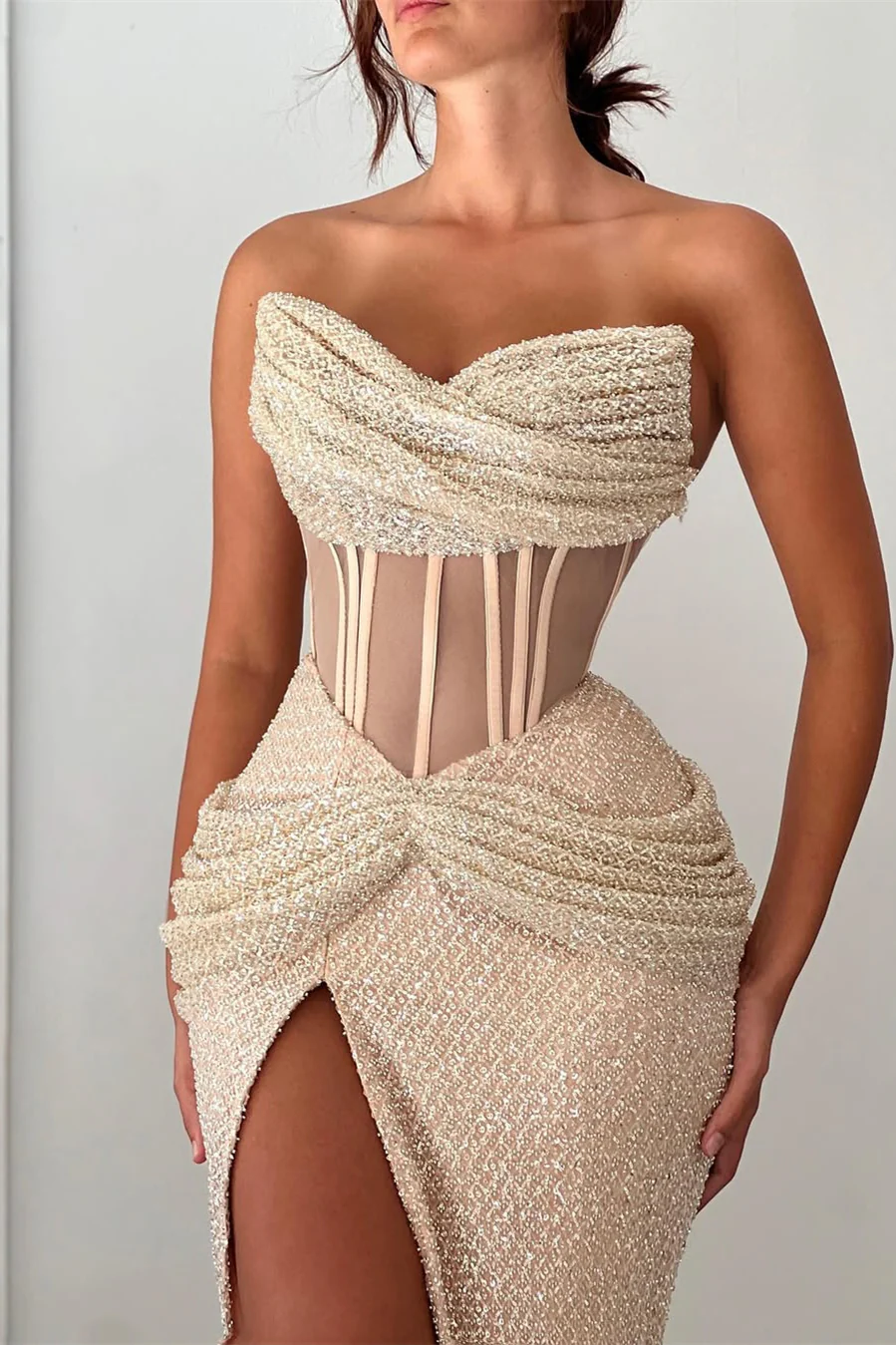 Romantic Sweetheart Strapless Sleeveless Mermaid Prom Dresses Column With High Split - Image 2