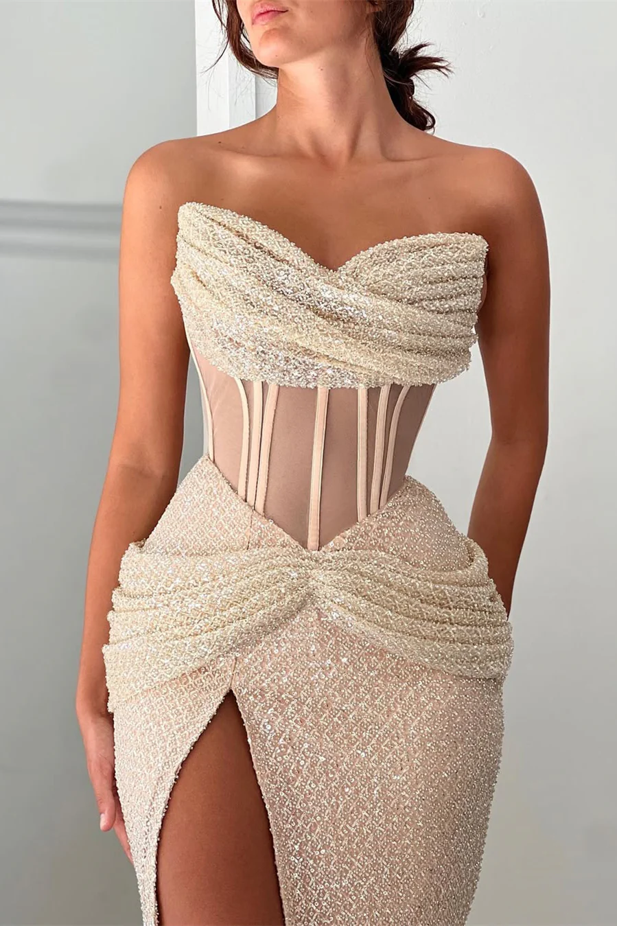 Romantic Sweetheart Strapless Sleeveless Mermaid Prom Dresses Column With High Split - Image 3