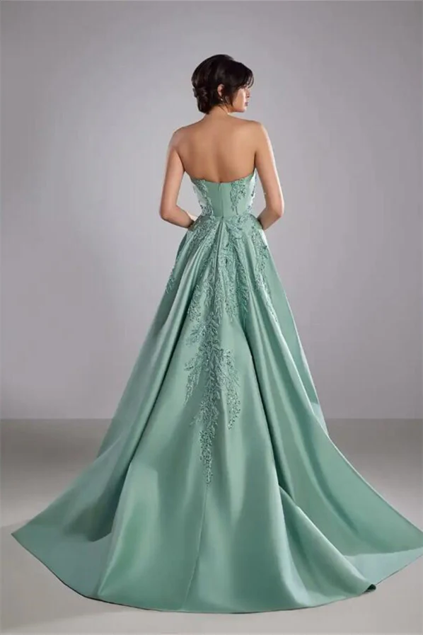 Romantic Tiffany Strapless Sleeveless A-Line Prom Dresses High Split Appliques With Zipper - Image 2