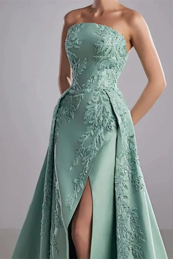 Romantic Tiffany Strapless Sleeveless A-Line Prom Dresses High Split Appliques With Zipper - Image 3
