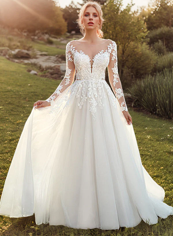 Romantic Tulle Long Sleeves Ball-Gown Lace Wedding Dresses - Image 2